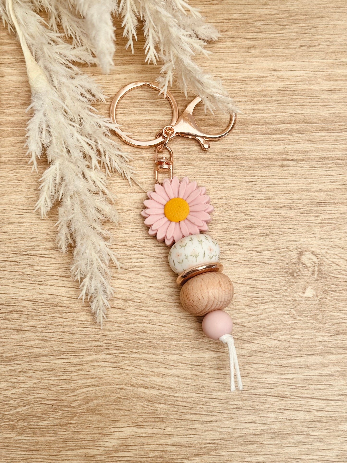 Key Chain - Bright Pink/Mustard Daisy with wood