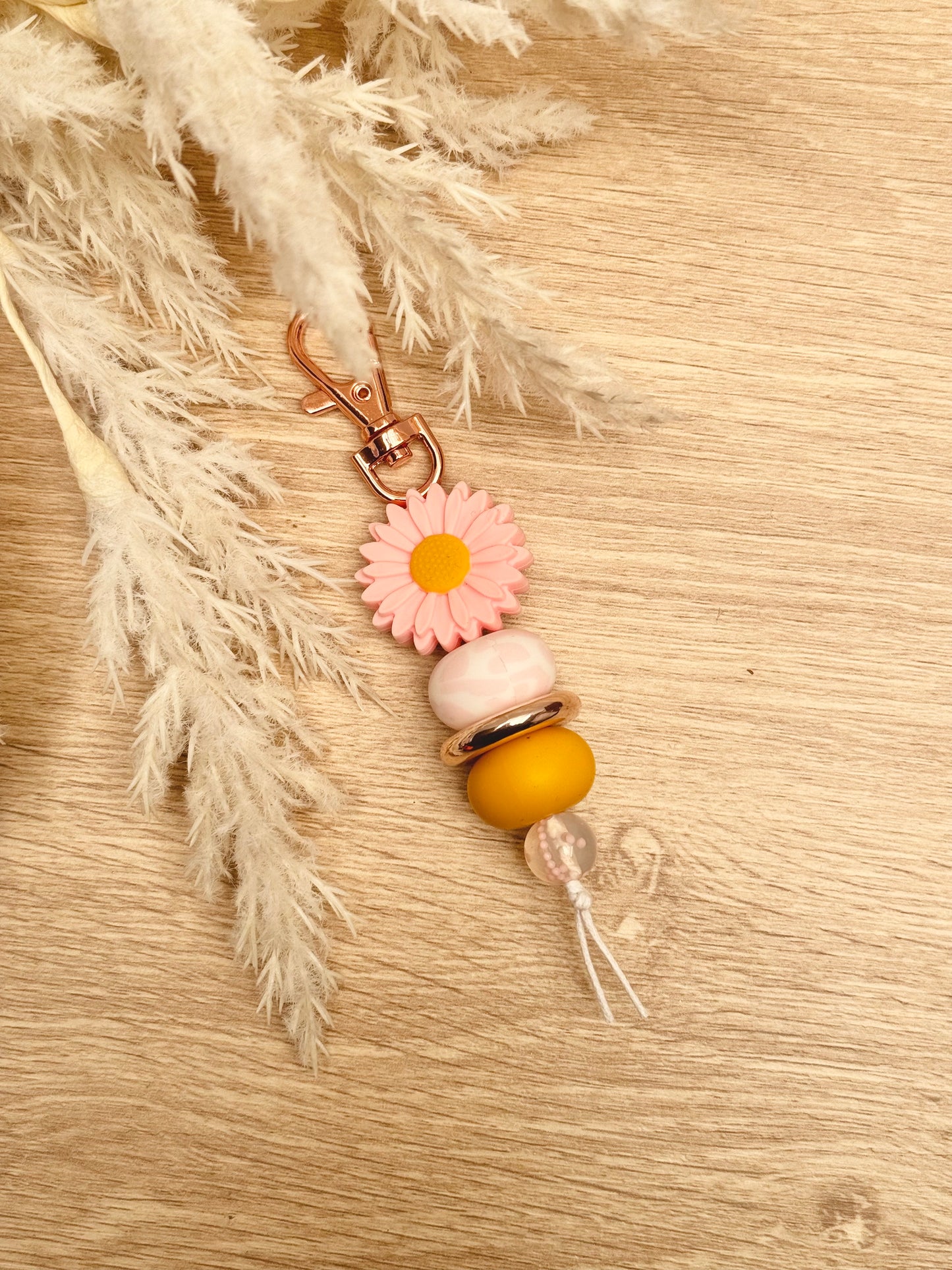 Key Chain - Bright Pink/Mustard Daisy with Cow Print